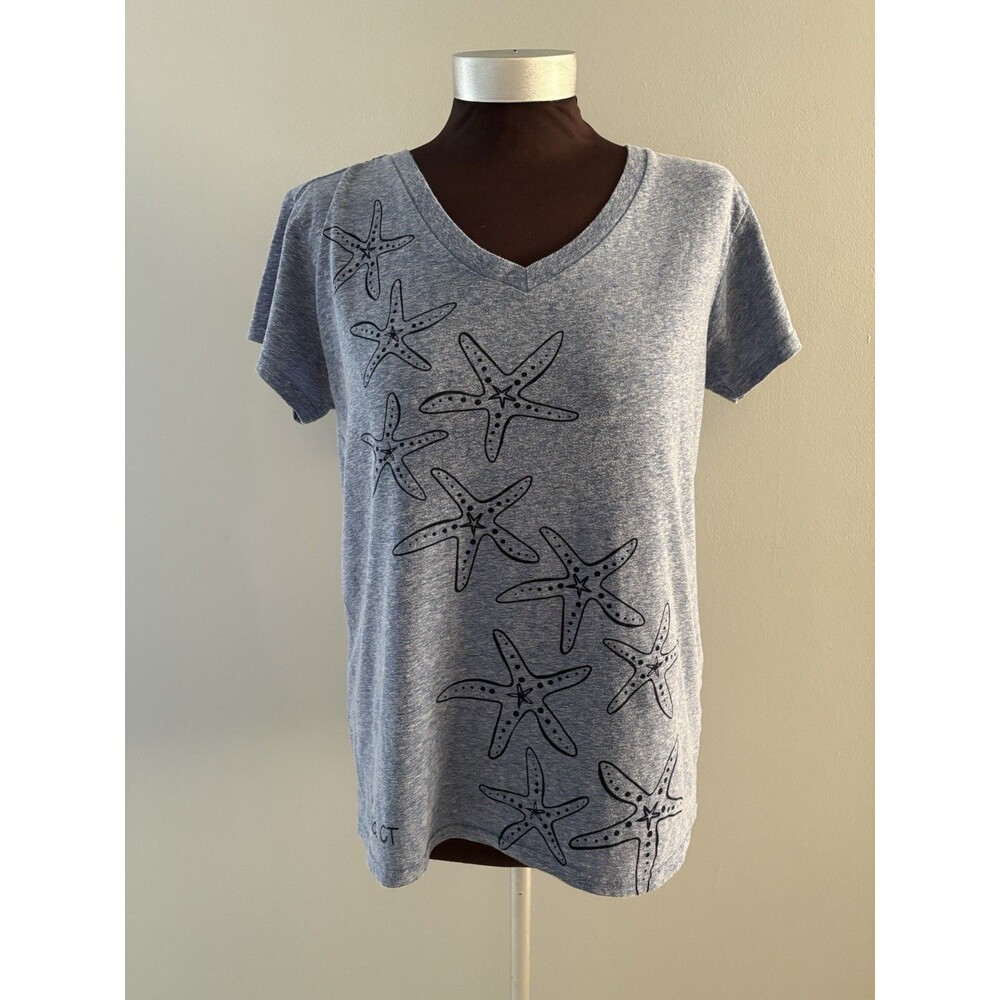 Marushka Hand Printed Shirt Size M Heather Blue Starfish Mystic CT Beach Soft
